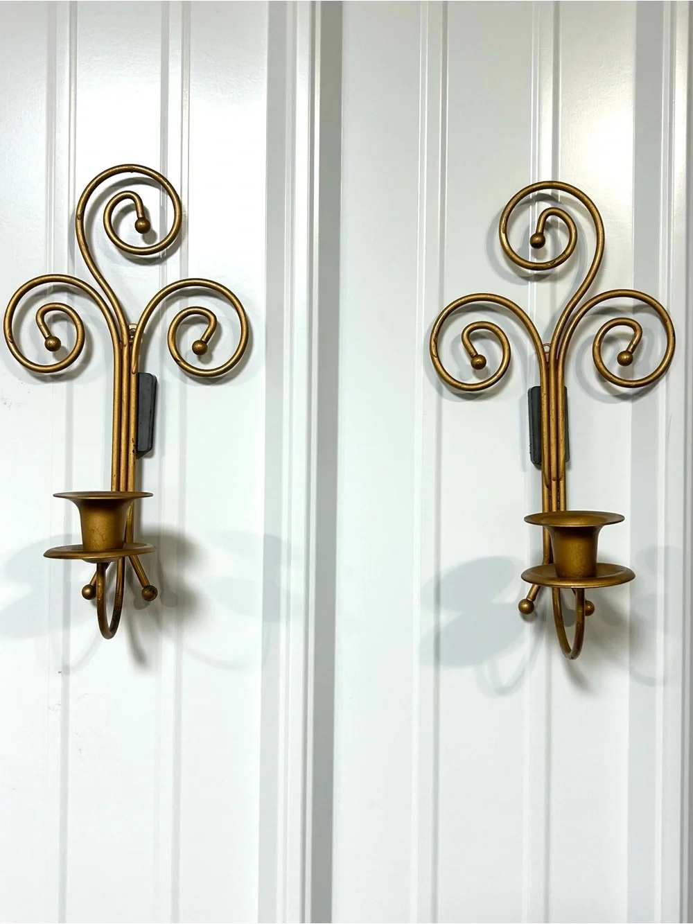 Home Interiors Vintage Antique Gold Metal Scroll Wall Sconce Pair Taper Candles